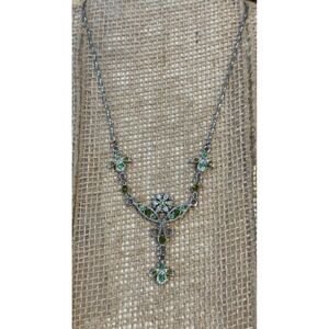 Premier Design Vintage Silver Tone Green Rhinestone Floral Drop Necklace  19"